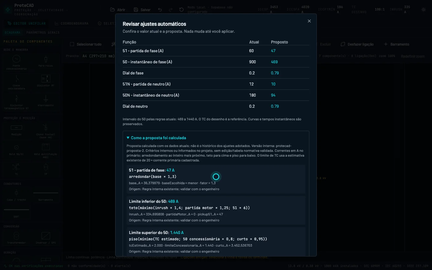 Janela de revisão dos ajustes de proteção com valores atuais e propostos